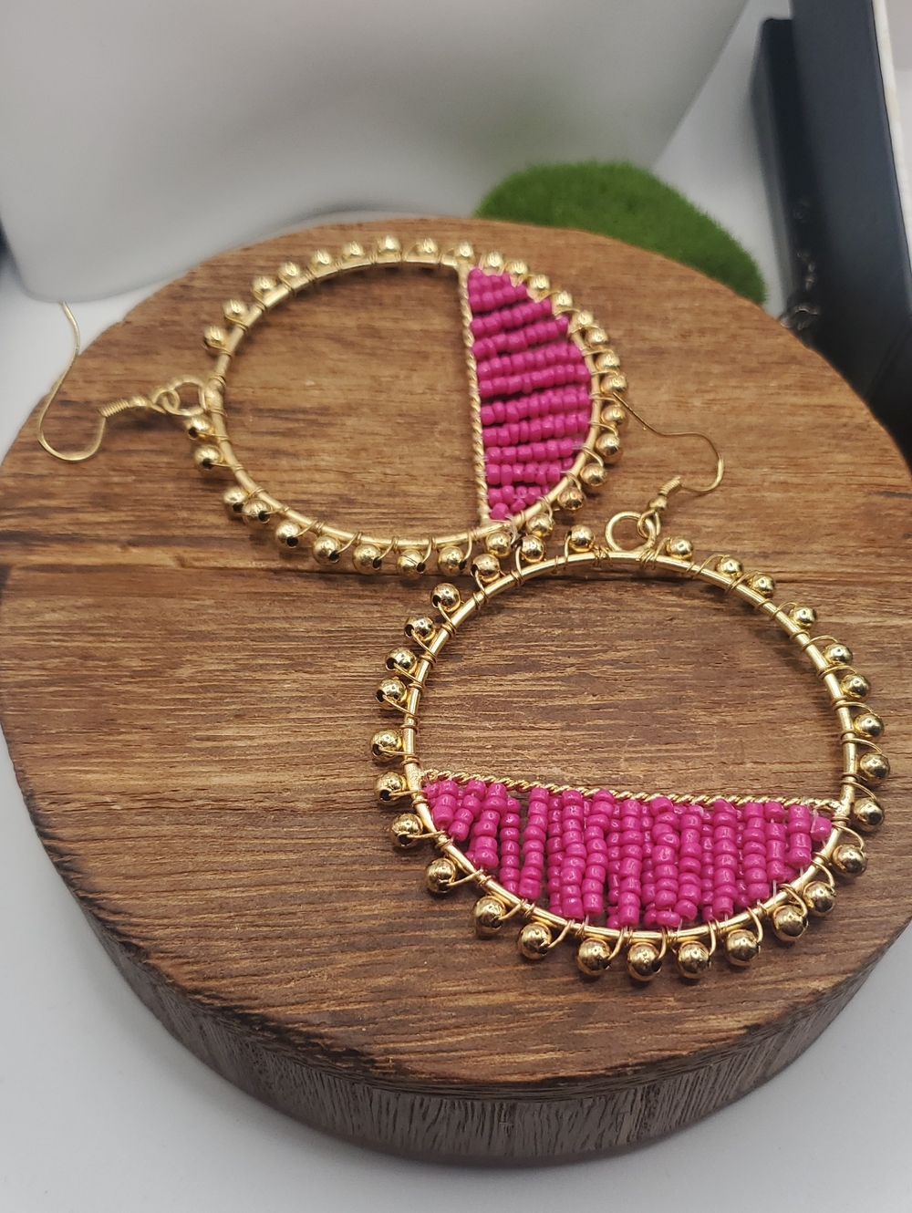 Ethnic Handmade  Hoop Earrings with Pink Bead Inlay E1116